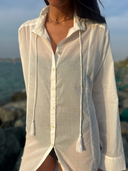 Close-up of Caletta 100% Cotton Long Chemise, showing breathable fabric, button details, and stylish tie front.